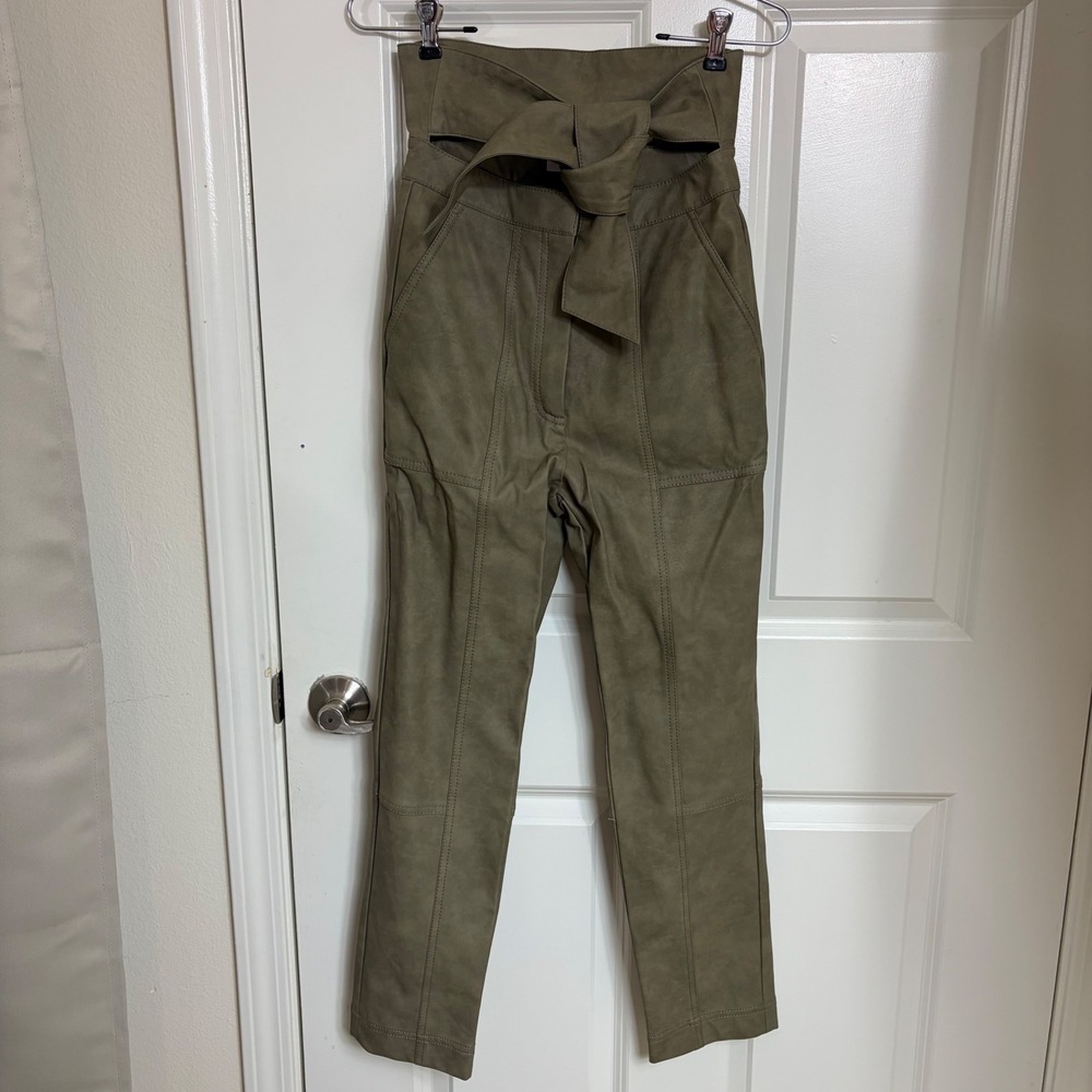 Jonathan Simkhai Moss Green Vegan Leather Tie Waist Paperbag Pants 2
